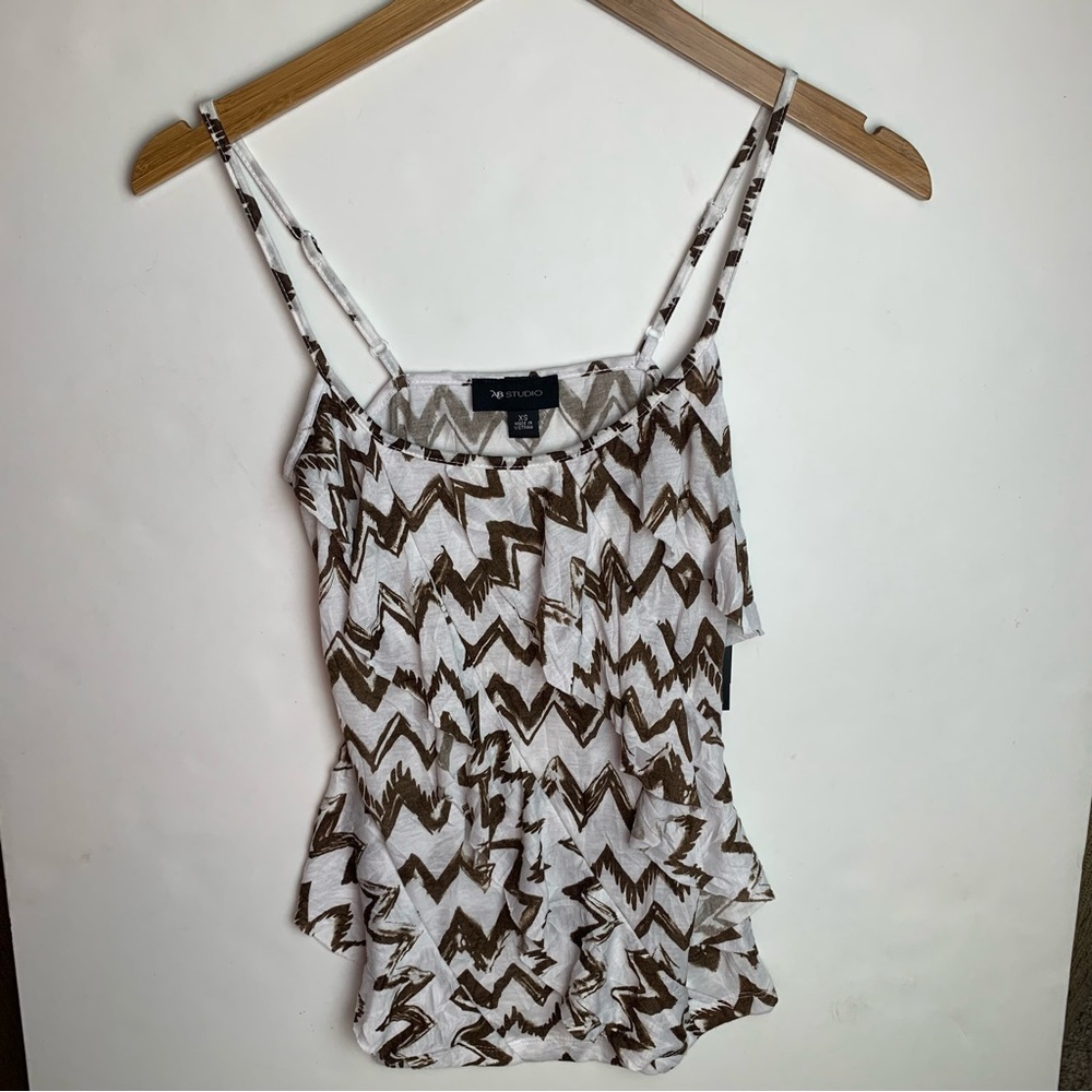 AB Studio White Brown Chevron Spaghetti Straps Fringe Blouse - Picture 5 of 16